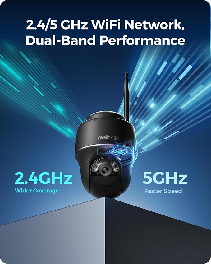 REOLINK 4K Solar Security Cameras Wireless Outdoor, 360° Pan Tilt, 8MP Color Night Vision, 2.4/5 GHz Wi-Fi, No Monthly Fee, Home Hub Compatible, Argus PT 4K+ 6W Solar Panel (Black)