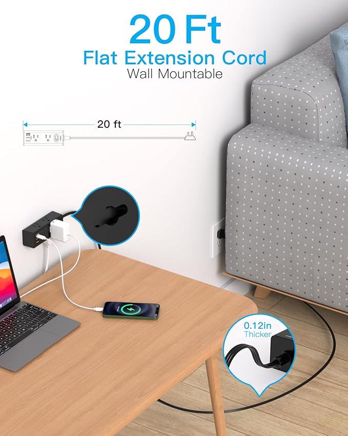 20Ft Extension Cord with Multiple Outlets, Flat Plug Power Strip Surge Protector with 20 Ft Long Cord, 6 Outlet 3 USB Ports (1 USB C), Multi Outlet Wall Plug for Travel, College, Dorm Essentials-Black