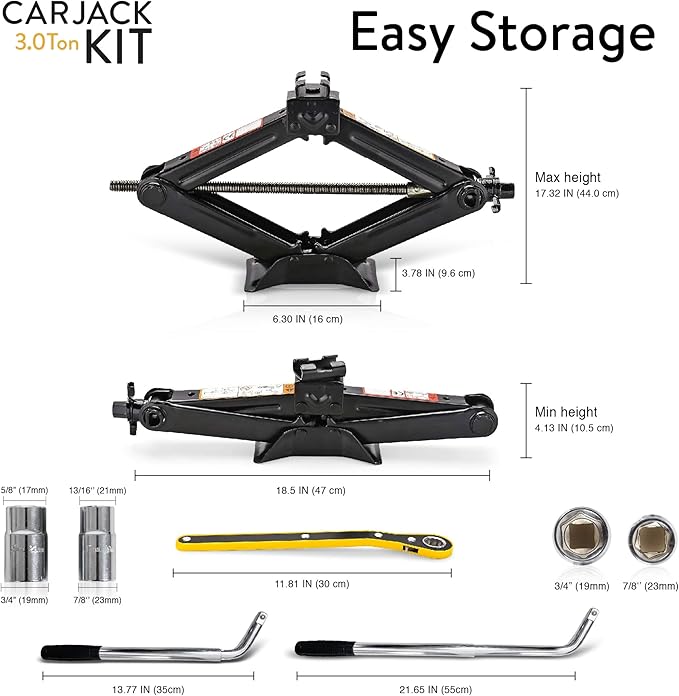 Car Jack Kit | Scissor Jack for Car 3 Ton (6,600 lbs) - Tire Jack Tool Kit | Portable, Ideal for SUV and Auto - Universal Car Emergency Kit with Lug Wrench | Heavy Duty Material