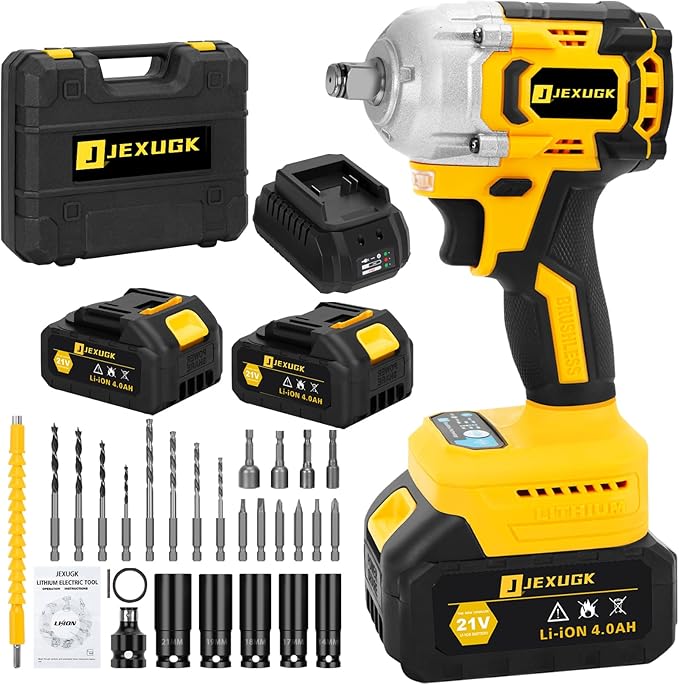 21V Compact Cordless Impact Wrench Set, 1/2" 450Ft-lbs (600Nm) Power Impact Gun Kit, Brushless 3600RPM, 2 x 4.0Ah Batteries & Fast Charger & 5 Sockets, Pistola De Impacto for Car Home (600N)