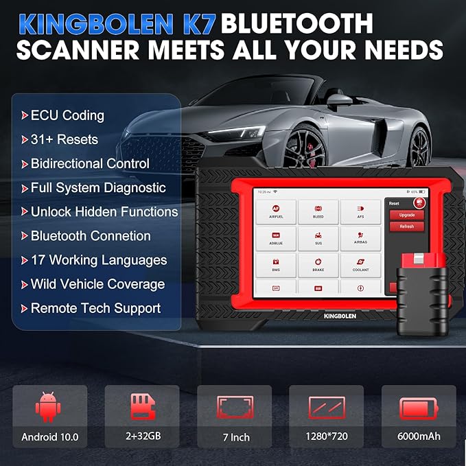 KINGBOLEN K7 OBD2 Scanner Bidirectional Test Full System Bluetooth Diagnostic Scan Tool with ECU Coding, Active Test, 31+ Resets, Autovin, TPMS Relearn, FCA AutoAuth, 3 Years Update