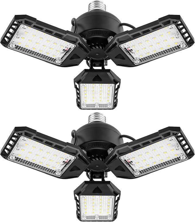 LED Garage Lights 2 Pack -80W, 8000LM 6500K Led Shop Light with 3 Deformable Panels, Basement Barn Light Garage Ceiling Lights, E26/E27 for Garage, Warehouse, Shop, Basement