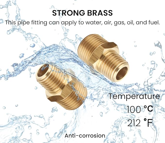 3/8 Inch NPT Male x 1/4 Inch NPT Male Solid Brass Reducing Hex Nipples, Brass Pipe Adapter Fittings Reducing Nipples Connector (2 Piece)