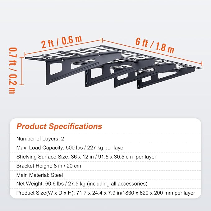 VEVOR 2 x 6 ft Garage Shelving Wall Mounted, 2 Pack Heavy Duty Garage Wall Shelves 1000lbs Capacity, Garage Storage Rack Floating Shelves for Shop, Shed, Garage Storage