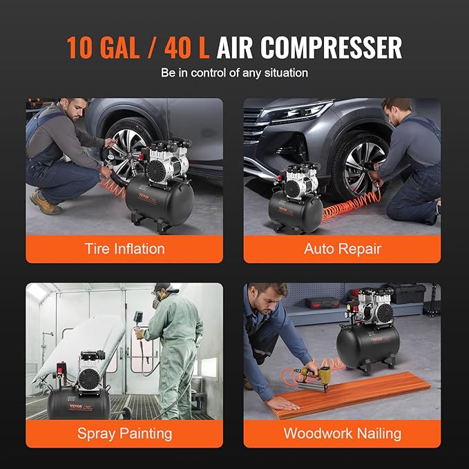 VEVOR Air Compressor, 10 Gallon Steel Tank, 2HP 5.3 CFM@90 PSI Oil Free Air Compressor & Max. 125PSI Pressure, 78dB Ultra Quiet Portable Compressor, for Auto Repair, Tire Inflation, Spray Painting