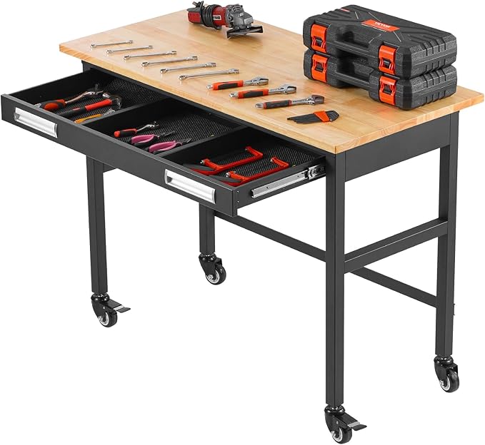VEVOR 48" Workbench, 1500 lbs Load Capacity, Work Bench with Sliding Drawer Storage and Wheels, Rolling Workbench on Wheels, Heavy Duty Oak Wood Top Work Table for Garage, Workshop, Office, and Home