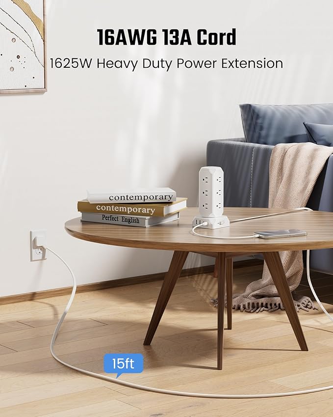 Power Strip Tower, SUPERDANNY 12 Outlets with 35W USB(2 USB-A & 2 USB-C) Charging Station, 1625W/13A, 1700J Surge Protector, 15ft Flat Plug Extension Cord with Multiple Outlets for Home, Office, Dorm