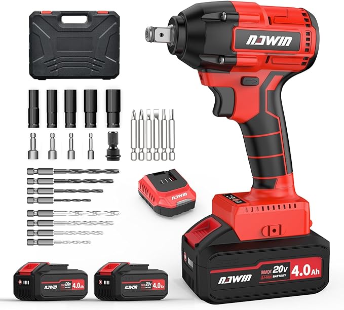 NAWIN Cordless Impact Wrench, 240Ft-lbs & 320Nm Power Impact Socket Set, 1/2 inch Impact Wrench, Multi-Speed Adjustment Impact Wrench, Led Light, 20V Impact Wrench with 2×4.0Ah Battery, Fast Charger