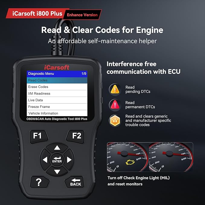 iCarsoft i800 Plus OBD2 Scanner Diagnostic Tool with Component Test/118 Live Data/Reset CEL/Battery Test/Freeze Frame/VIN, Code Reader for All Cars Full OBD2 Functions, Fuel System Scan Tool para Auto