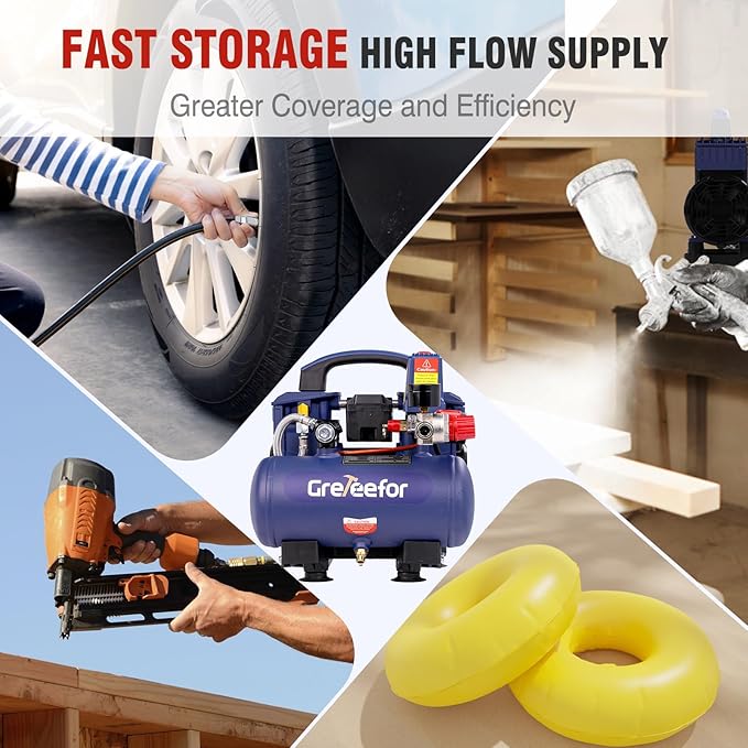 Air Compressor, 1 Gallon Ultra Quiet Portable 60 dB, 13-Second Quick Fill, 1 Gallon Compact, Oil-Free for Tire Inflation/Nail Gun/Pneumatic Tools/Cleaning in Home or Shop Projects, 1.5HP, Violet