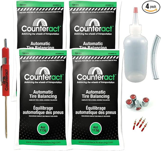 Counteract DIYK-4 Do It Yourself Tire/Wheel Balancing Beads Kit - Off -Road, Light Duty Truck Tires, (4) 4oz DIY Bead Bags, (4) Valve Caps and Cores, (1) Core Remover, Injector Bottle