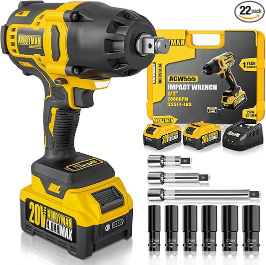 Alloyman 1/2 inch Impact Wrench Cordless, (750 N.m)555 Ft-lbs Hight Torque Wrench,20V Power Impact Driver, Brushless Motor 2000 RPM, 2x 4.0AH Li-ion Battery,Charger,6 Sockets,3 Extension Bars
