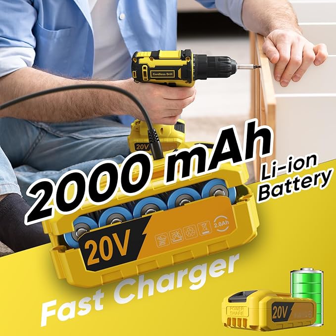 Cordless Drill Set, 20V Power Drill with Battery 2.0Ah and Charger, 3/8-Inch Keyless Chuck Electric Drill, 25+1 Torque, 42pcs Drill Driver Bits/Screws for DIY Projects (Yellow)
