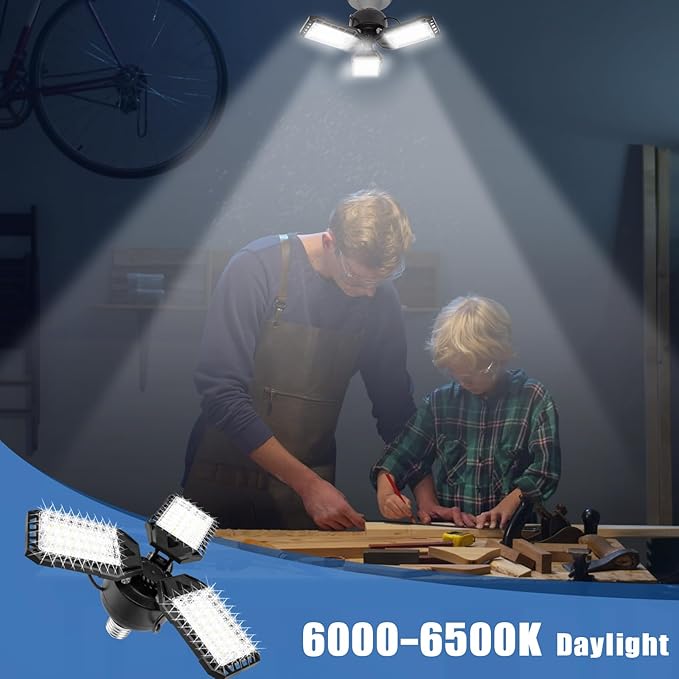 LED Garage Lights Bulb 4 Pack -80W, 8000LM 6500K Led Shop Light with 3 Deformable Panels, Basement Barn Light Garage Ceiling Lights, E26/E27 for Garage, Warehouse, Shop, Basement