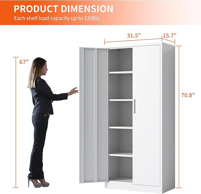 Metal Storage Cabinet with Adjustable Shelves, Garage Tool Cabinet with 2 Lockable Doors for Office, Home, Garage, Require Assembly, White