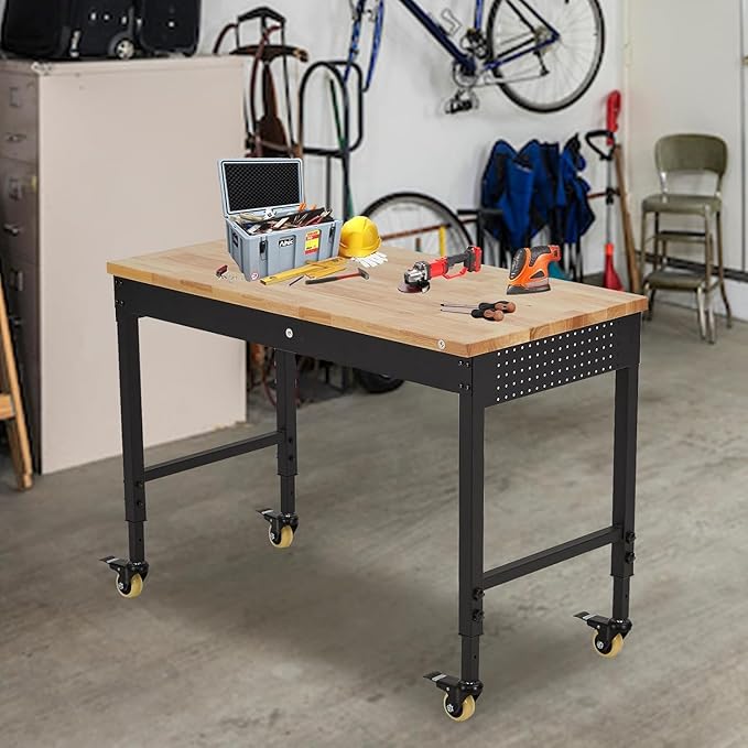Workbench 48" x 24" Adjustable Height Worktable - Heavy Duty Rubber Wood Top with Drawer Storage, 2000 Lbs Capacity, Mobile Tool Storage Workstation with Power Outlets & Lockable Wheels