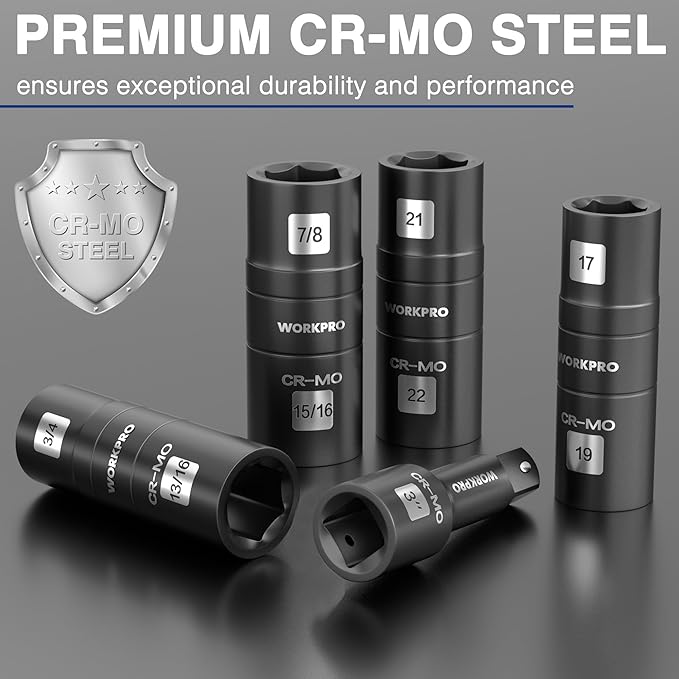 WORKPRO 5PCS Impact Socket Set 1/2" Drive, Lug Nut Socket Set, Wheel Socket Set Cr-Mo Steel, Includes 1PC 3" Extension Bar & 4PSC Flip Sockets of 6 Metric and SAE Sizes