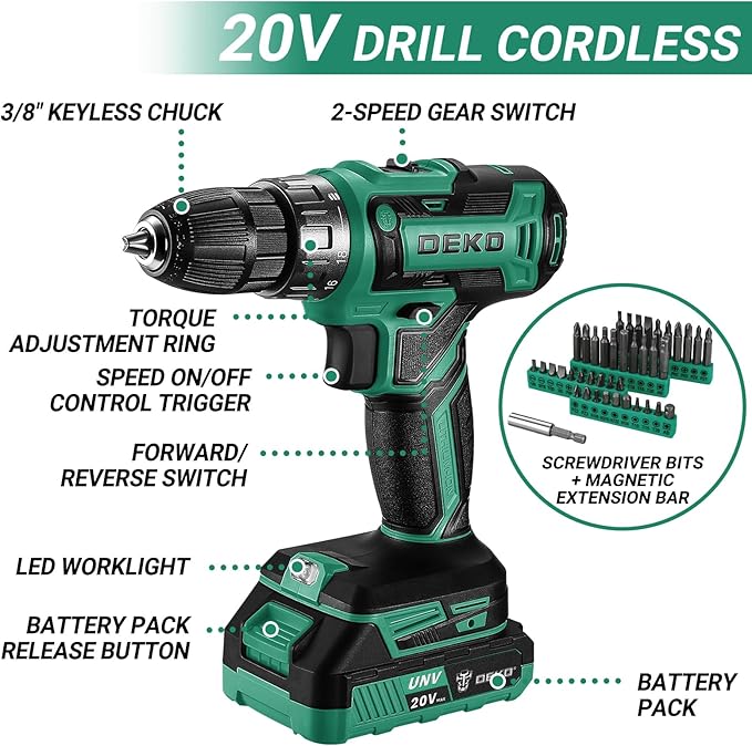 Drill Tool Kit Set: 20V Cordless Power Drill Tool Box with Battery Electric Drill Driver for Women and Men Home Hand Repair Basic Toolbox Tools Sets Drills Case (Green)