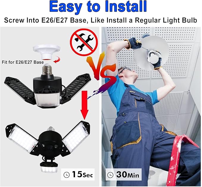 LED Garage Light, 80W 8000 Lumen Ceiling Lights with 3 Adjustable Panels, 6500K Daylight Light Bulb Fixture LED Lights for Garage, Workshop (80W 4Pack)