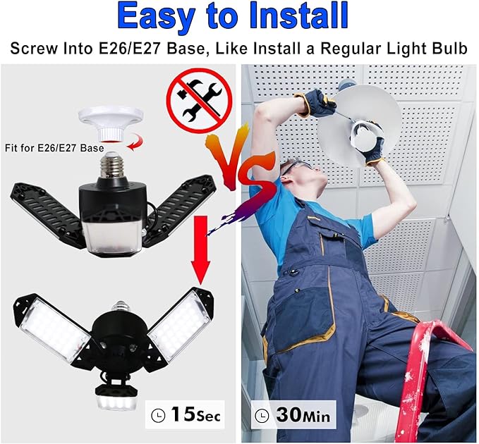 LED Garage Light, 80W 8000 Lumen LED Garage Ceiling Lights with 3 Adjustable Panels E26/E27 LED Shop Lights, 6500K Daylight Light Bulb Fixture LED Lights for Garage, Workshop, Attic, LED Bay Light