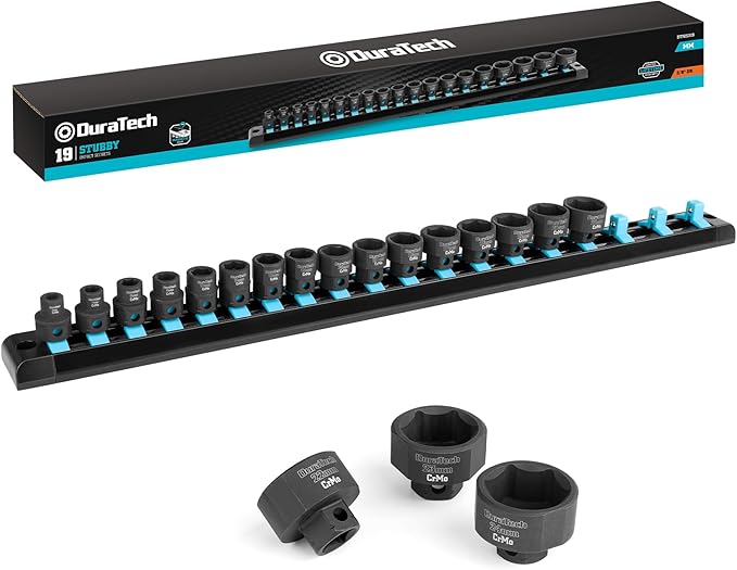 DURATECH 3/8" Drive Stubby Impact Socket Set, 19-Piece, Metric, 6-24mm, Cr-Mo Steel, Organized in Magnetic Storage Rail