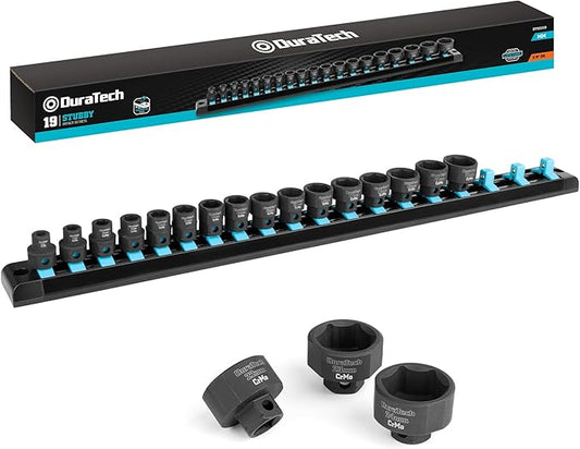 DURATECH 3/8" Drive Stubby Impact Socket Set, 19-Piece, Metric, 6-24mm, Cr-Mo Steel, Organized in Magnetic Storage Rail