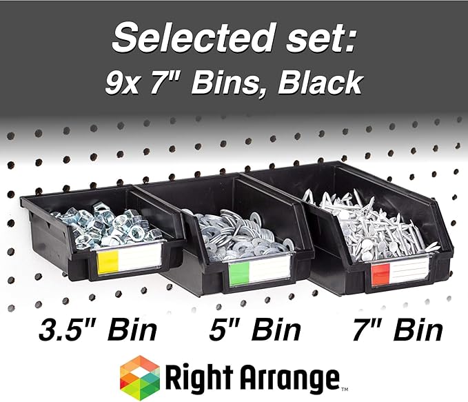 Pegboard Bins – 9 Pack Black Extra Large - Hooks to Any Peg Board - Organize Hardware, Accessories, Attachments, Workbench, Garage Storage, Craft Room, Tool Shed, Hobby Supplies, Parts