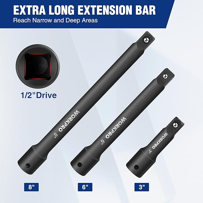 WORKPRO 1/2" Drive Impact Extension Bar Set, 3 PCS Socket Extensions, 3”, 6” and 8” Length, Premium Chrome Vanadium Steel with Black Phosphate Finish, Storage Tray Included