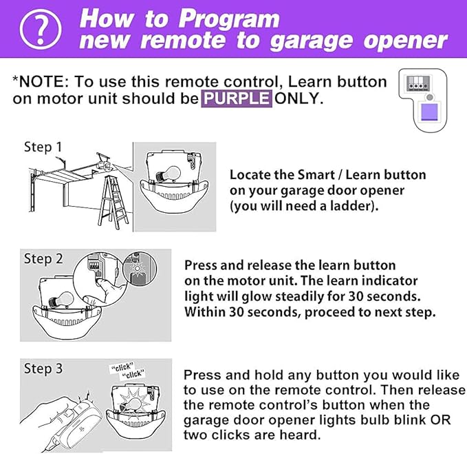 Garage Door Remote Control ONLY Compatible Chamberlain LiftMaster Craftsman etc Opener has Purple Learn Button with Security+ 315MHz, Works with Garage Opener ONLY has Purple Learn Button 2 Pack