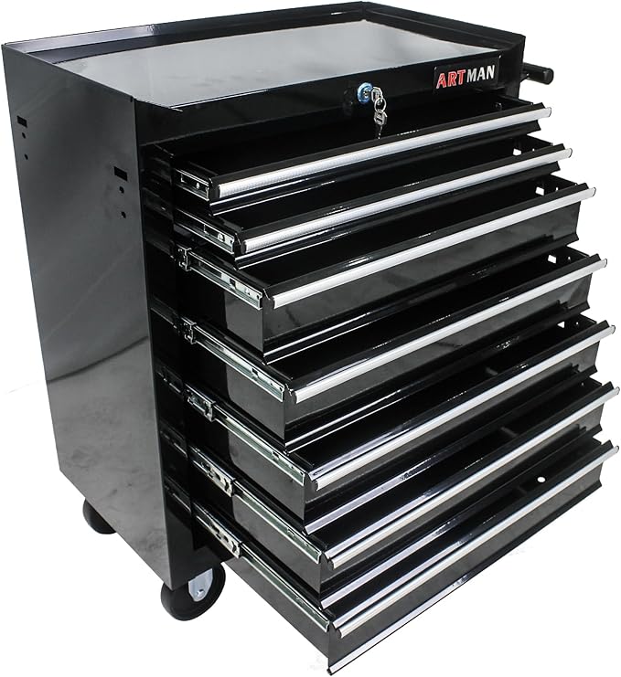 Rolling Tool Chest Metal Tool Box with Wheels Tool Cabinet Craftsman Tool Cart on Wheels Tool Box Portable Tool Box with Wheels 7 Drawers Multifunctional Tool Cart with Wheels, Black