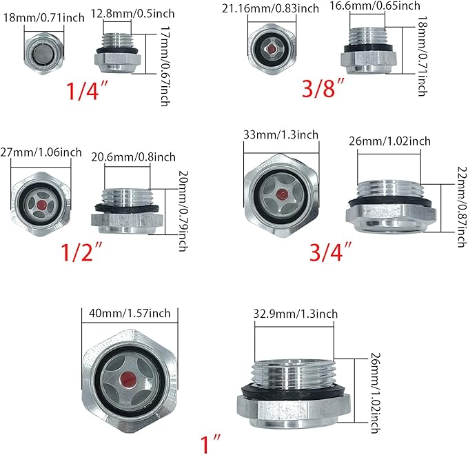 5 Pcs Oil Sight Glass 1/4'' 1/2'' 3/4'' 3/8'' 1'' Male Threaded Stainless Steel Sight Glass Oil Liquid Level Gauge Oil Indicator Window Hydraulic Tank Sight Glass for Pump Air Compressor Fittings