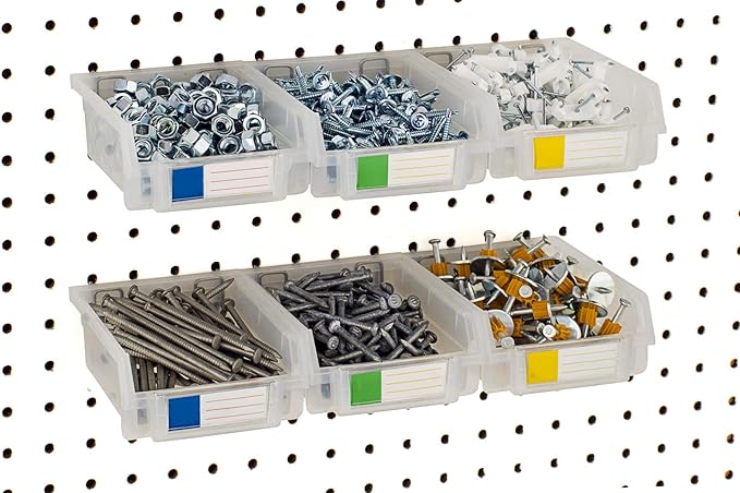 Pegboard Bins - 3.5" Bins, 6 Pack Clear - Hooks to Any Peg Board - Organize Hardware, Accessories, Attachments, Workbench, Garage Storage, Craft Room, Tool Shed, Hobby Supplies, Parts