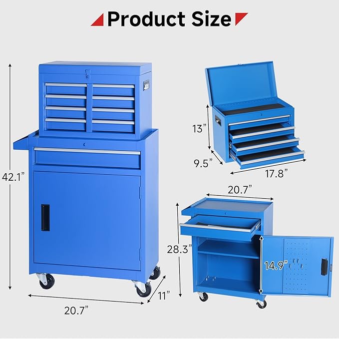 Rovibek Rolling Tool Chest, 5-Drawer Rolling Tool Box on Wheels, Metal Tool Chest with Foam Packaging, Lockable Wheels, Detachable Top Tool Box, Tool Storage Box for Garage Workshop Warehouse, Blue