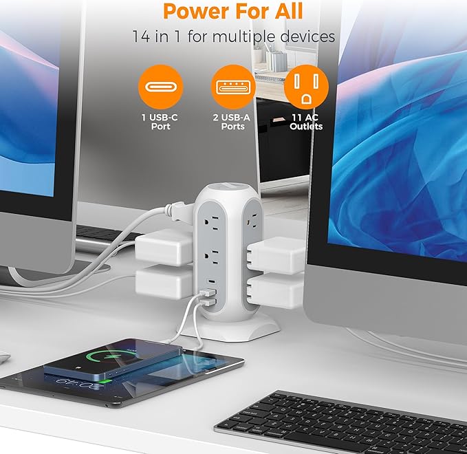 Surge Protector Power Strip Tower 10 Ft, TESSAN Flat Plug Extension Cord with 11 AC Outlets 3 USB Ports (1 USB C), 1050J Protection Charging Station for Home, Office Supplies, Dorm Room Essentials