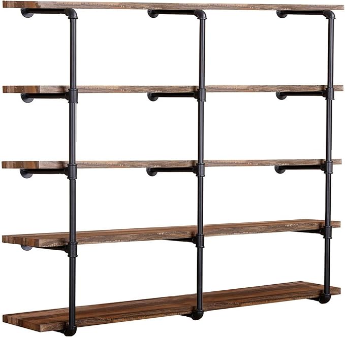Tianman Industrial Wall Mount Iron Pipe Shelf Shelves Shelving Bracket Vintage Retro Black DIY Open Bookshelf DIY Storage offcie Room Kitchen Shelves (3Pcs,52" Tall,12" deep)