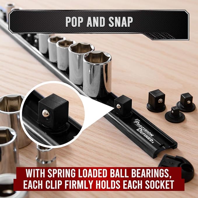 Precision Defined Aluminum Tool Socket Holder | Black, Single 3/8-Inch Socket Organizer x 16 Clips | Heavy Duty Socket Rails Organizer, Socket Storage, Socket Tray 360 Rotation