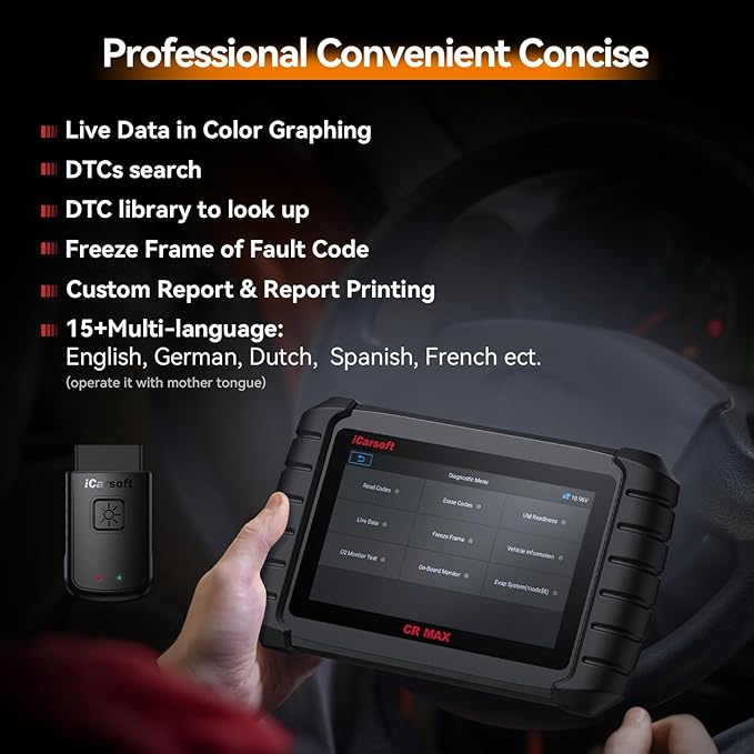 iCarsoft CR Max BT Wireless Bidirectional Scan Tool, 49+ Reset OBD2 Diagnostic Touchscreen Scanner, ECU Adaptation/Teach-in, All System, 4-in-1 Live Graphing, Lifetime Free Update