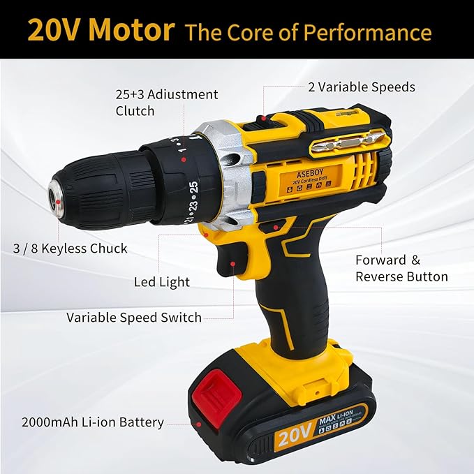 Cordless Drill with Battery and Charger, Power Drill Cordless, Electric drill Set with 3/8 Keyless Chuck, 25+3 Torque Settings for Screwdriving, Drilling (2 Batteries)