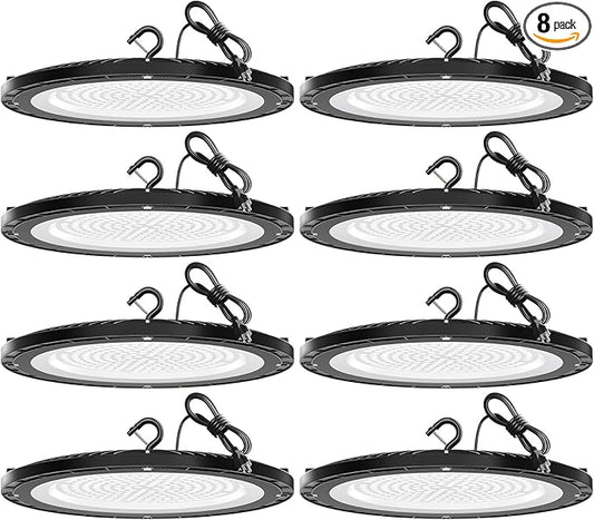 UFO LED High Bay Lights 200W 28000LM with US Plug 5ft Cable 5000K AC100-277V High Bay LED Shop Lights Commercial Warehouse Workshop Factory Barn Garage Lighting Fixture 8 Pack