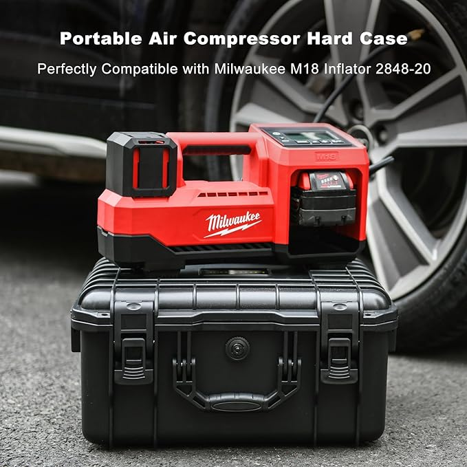 Air Compressor Waterproof Hard Case Compatible with Milwaukee M18 Inflator 2848-20, Air Pump Carrying Bag for Milwaukee Tools, Storage Holder for Battery Pack 18V 3.0 to 6.0 Ah - Black (Only Case)