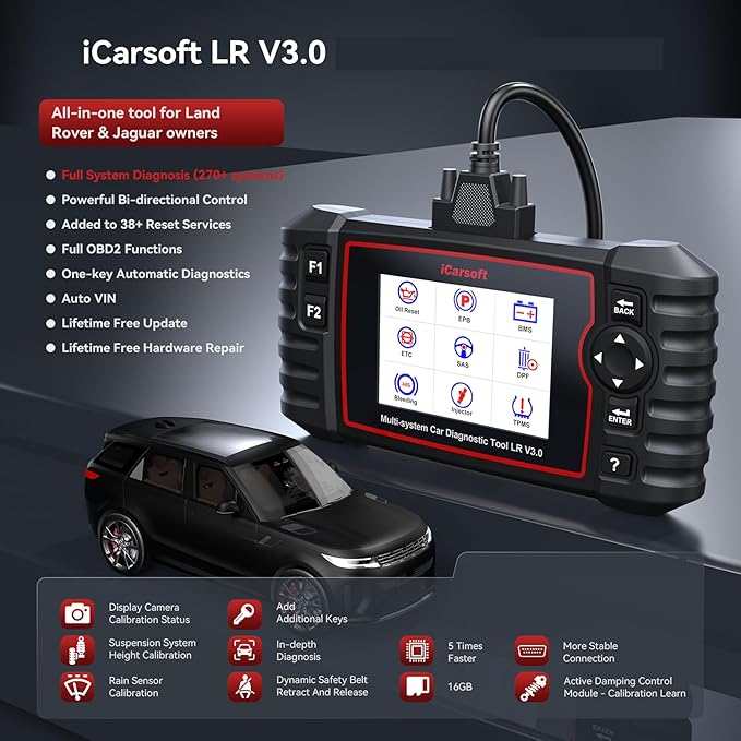 iCarsoft Bidirectional OBD2 Scanner for Land Rover/Jaguar, Full Systems in-Depth Diagnostic Scan Tool, 38 Resets/118 Graphic Data, ABS SRS Engine Transmission Code Reader -LR V3.0 (2025)