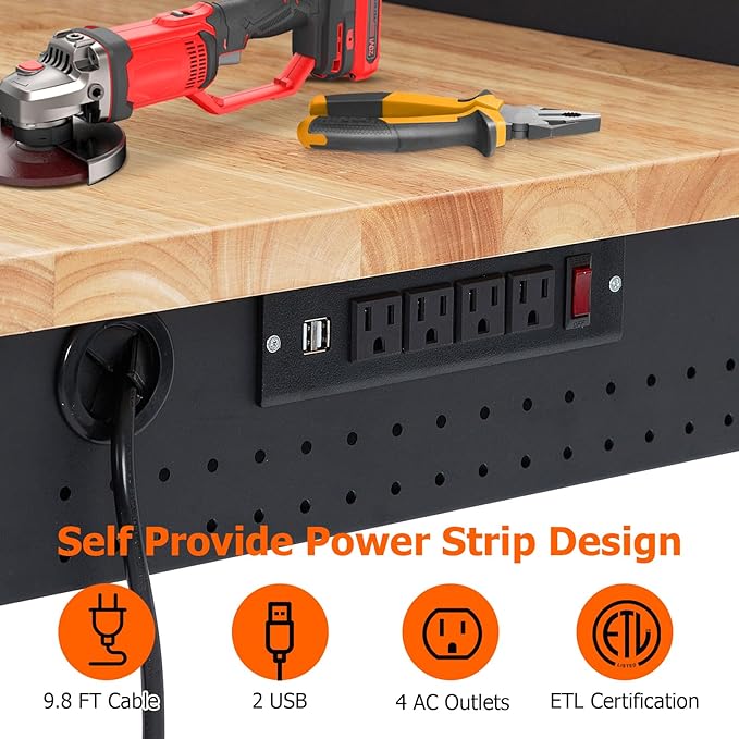 48" Workbench Heavy Duty, Adjustable Height Workstation with Drawer Storage, Backplate, 2000 LB Load Capacity, Multipurpose Rubber Wood Shop Table with Power Outlets, Hooks, Garage Storage