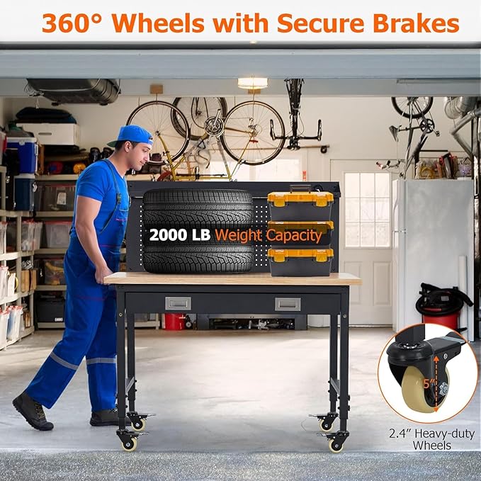 Workbench 48" x 24" Adjustable Height Worktable, Heavy Duty Rubber Wood Top, 2000 LBS Load Capacity, Tool Storage Workstation with Drawer, Pegboard, Power Outlets & Lockable Wheels