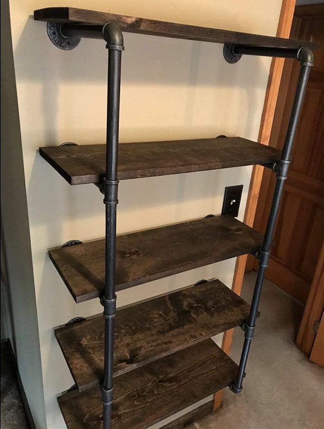 Tianman Industrial Wall Mount Iron Pipe Shelf Shelves Shelving Bracket Vintage Retro Black DIY Open Bookshelf DIY Storage offcie Room Kitchen Shelves (2Pcs,52" Tall,12" deep)