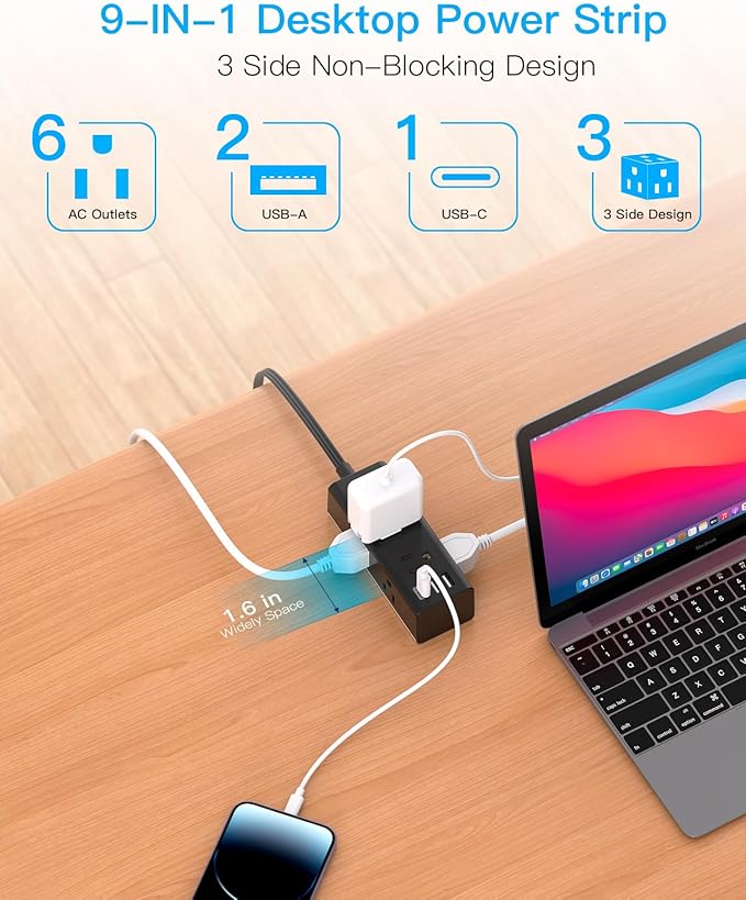 20Ft Extension Cord with Multiple Outlets, Flat Plug Power Strip Surge Protector with 20 Ft Long Cord, 6 Outlet 3 USB Ports (1 USB C), Multi Outlet Wall Plug for Travel, College, Dorm Essentials-Black
