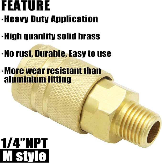 Air Hose Fittings Brass Industrial Coupler 1/4-inch NPT Male Thread Compressor Quick Connect Fittings For Professional Jobsites and Automotive Shops I/M Style 10 Piece