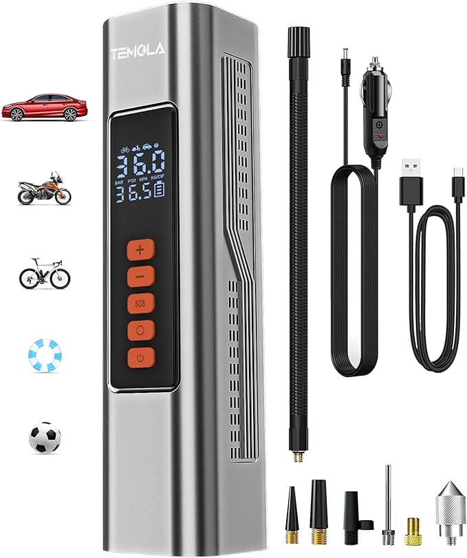 TEMOLA Tire Inflator Portable Air Compressor, Air Pump for Car Tires Car Accessories, 150PSI Portable Tire Inflator for Car with Tire Pressure Gauge, Bike Pump for Motorcycle Bicycle Ball, 2000mAh*2