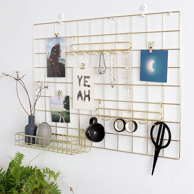 FRIADE Gold Grid Hooks Rack for Wall Grid Panel,Hanging Hooks for Wall Grid Storage and Display，Size 10.7”x 2.8”x1.8 ”，2 Pack