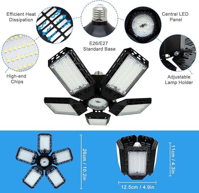 2Pack LED Garage Lights, 160W 16000LM LED Garage Ceiling Light 6500K LED Shop Light With 5+1 Deformable Panels, Screw in E26/E27 Socket LED Bulbs for Garage Basement Workshop Warehouse Barn Attic