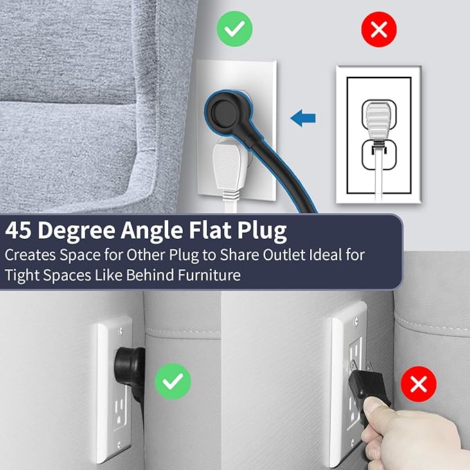 Long Extension Cord 15ft, NTONPOWER Flat Plug Power Strip Surge Protector with 6 Outlets 2 USB Ports, 1080 Joules, Wall Mount Charging Station, Overload Protection for Home Office, ETL Listed, Black